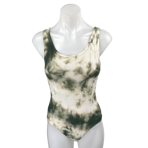 Don't Ask Why Green Cream Tie Dye Ribbed Knit Sleeveless Tank Bodysuit Top OS - Picture 1 of 3